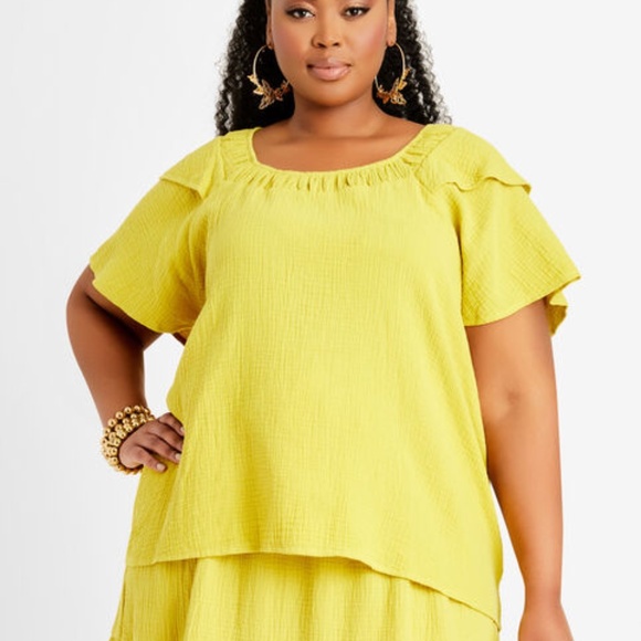 Ashley Stewart Warm Olive Flutter Sleeve Cotton Blouse - Picture 1 of 5